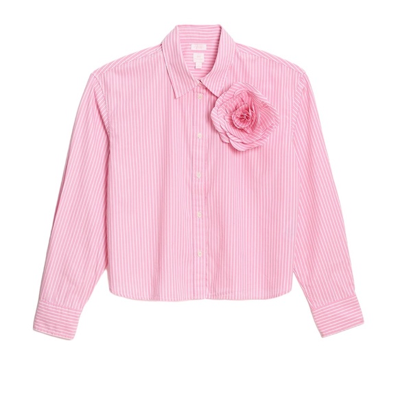 GAP x Love Shack Fancy Pink Pinstripe Shirt with Flower - Size XL - Picture 2 of 8